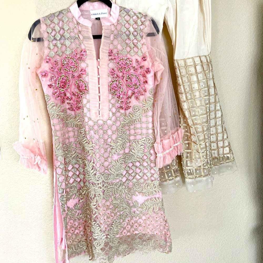 2 piece embroidered net Pakistani outfit Stitch & Frame gharara pants.